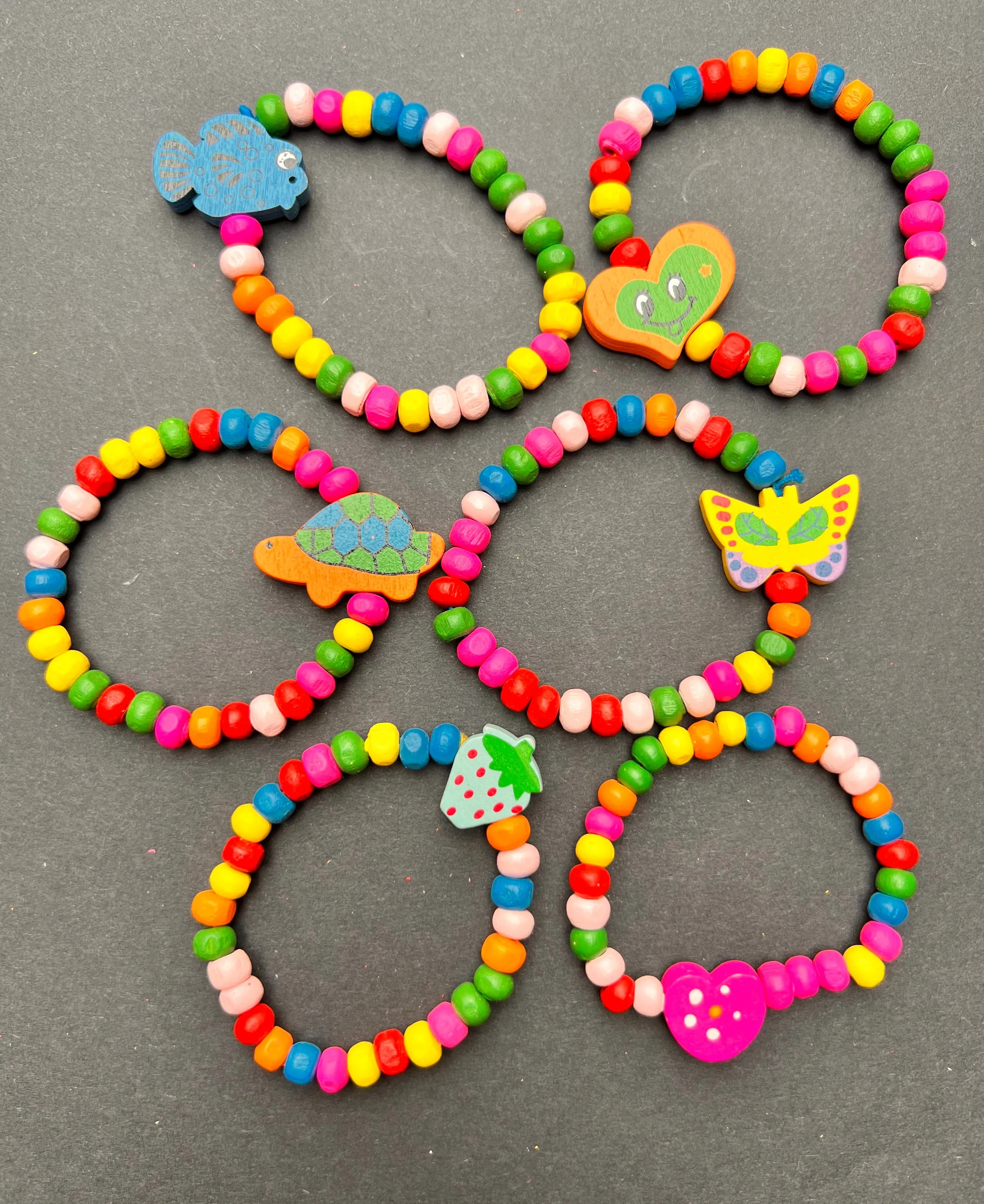 6 Colourful Kids Wooden Bracelets