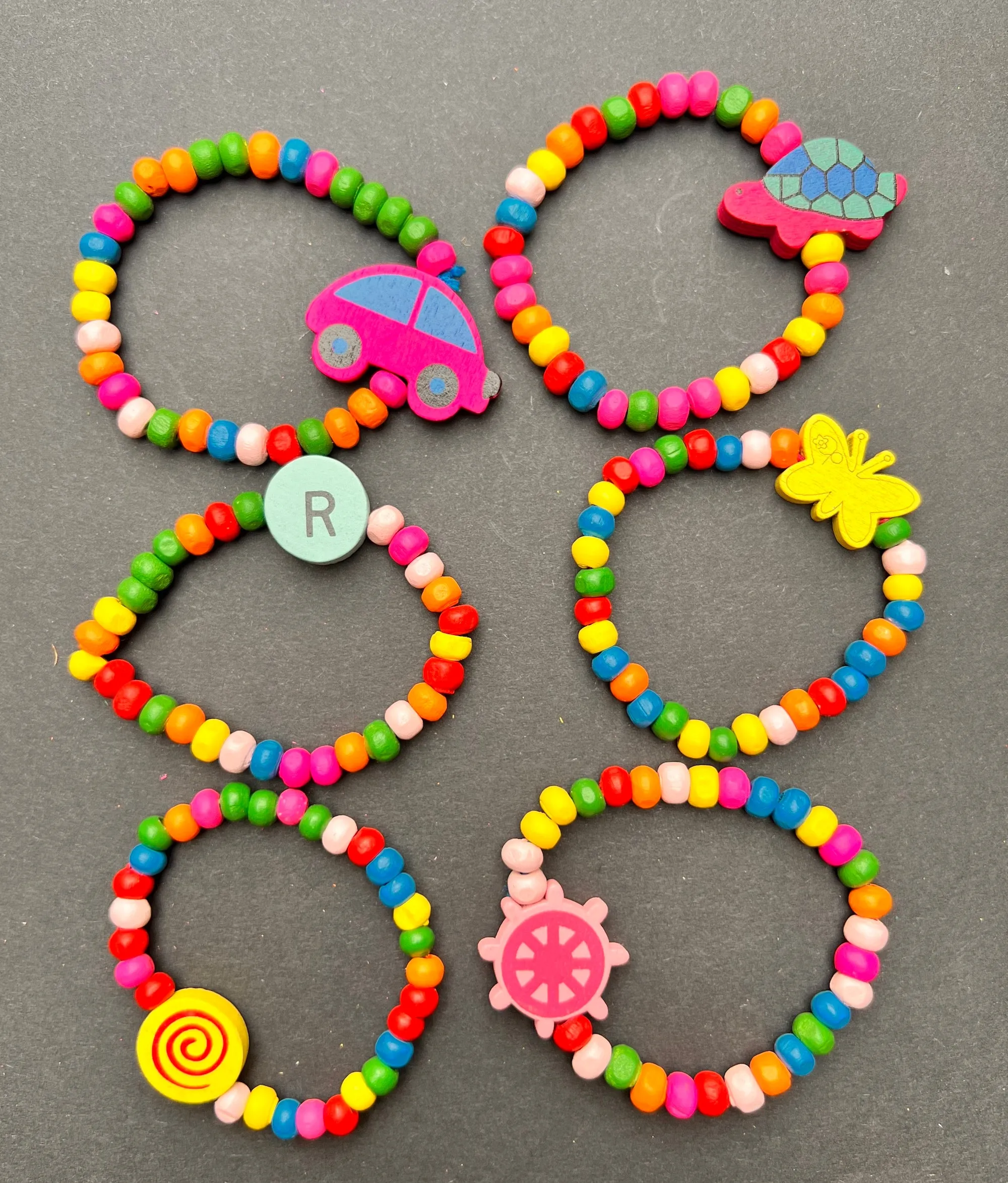 6 Colourful Kids Wooden Bracelets