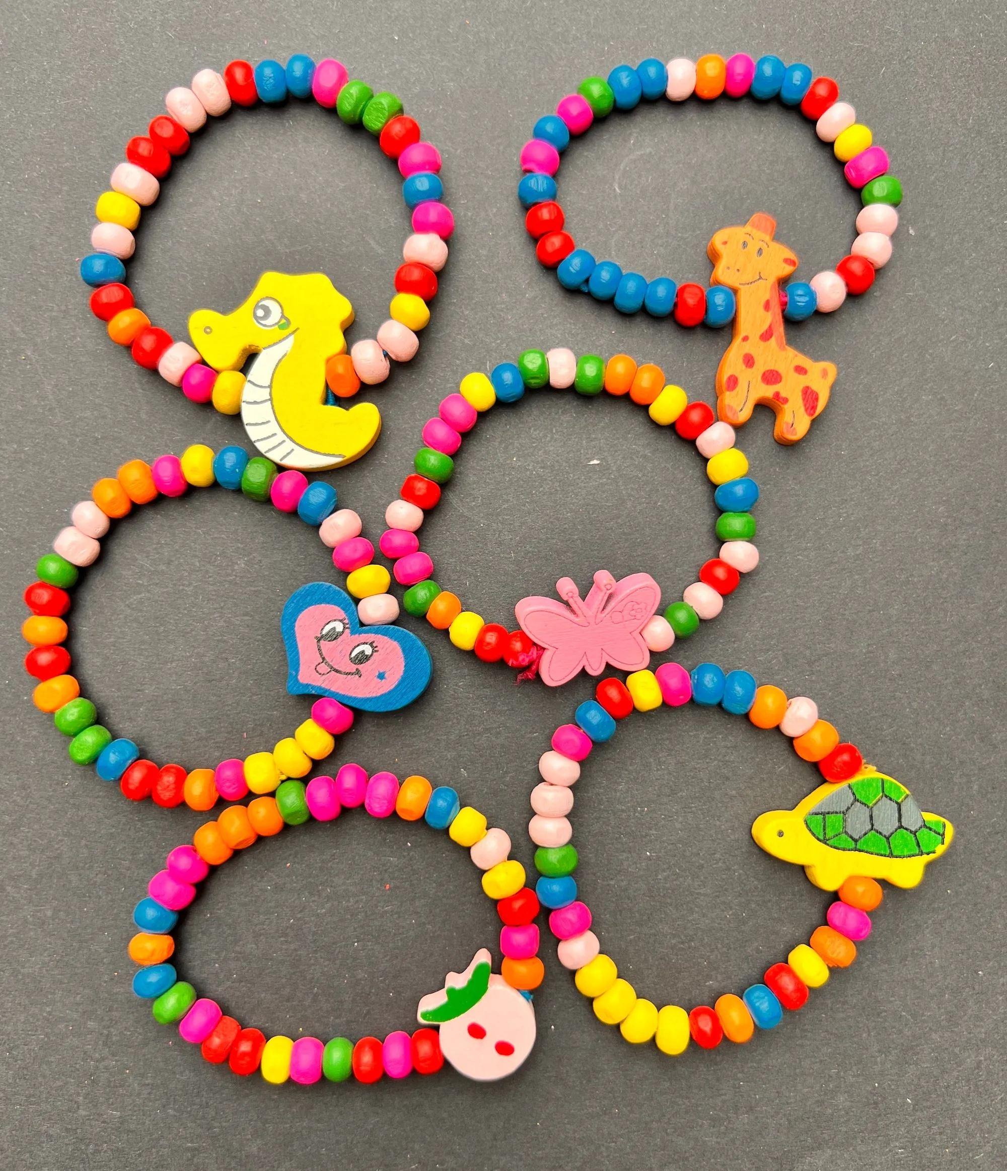 6 Colourful Kids Wooden Bracelets