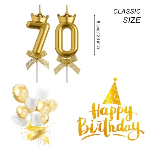 AOOLADA 70th Birthday Candles, Gold 70 Year Old Number Birthday Candles, Number 70 Candles for Men Women, Happy Birthday Party Decorations Cake Topper Gifts for Wedding Anniversary Celebration