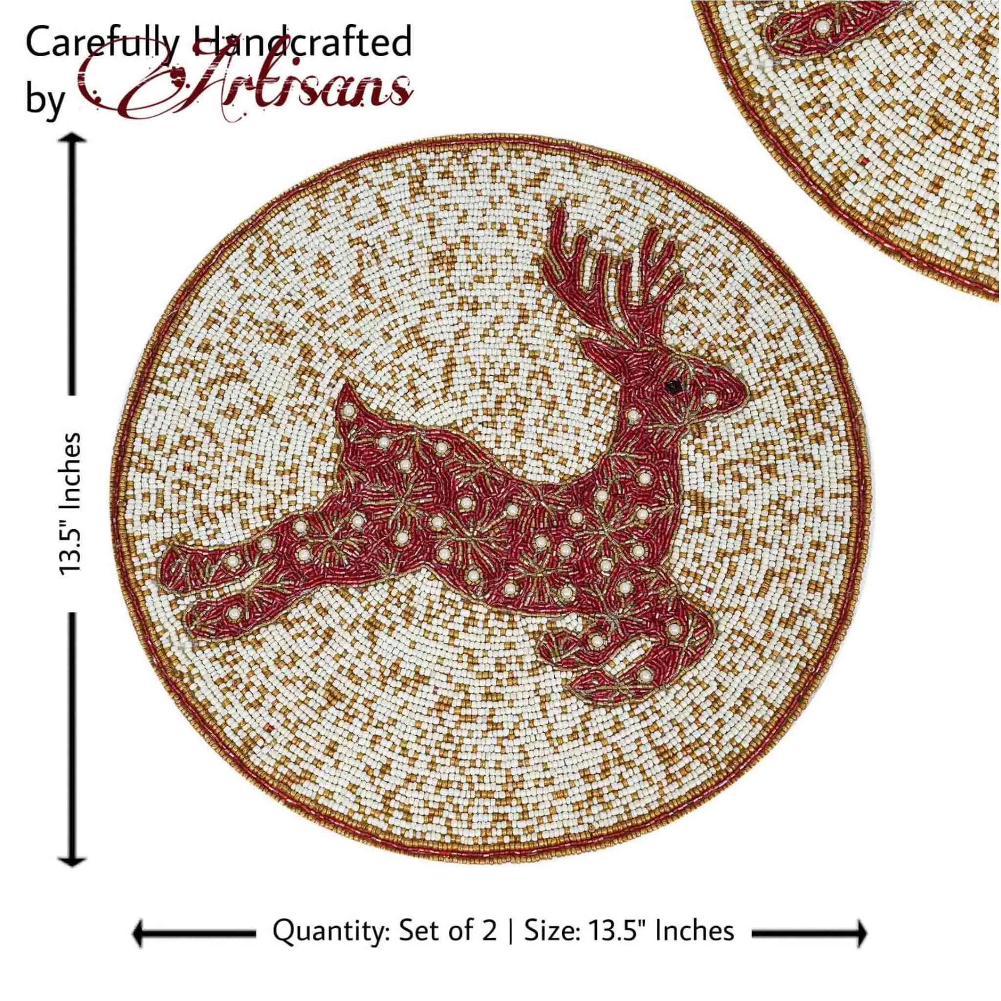 Be A Deer Christmas Beaded Placemat in Cream & Red, Set of 2