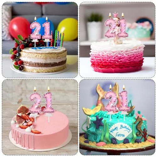 Birthday Number 21 Candles, 2.95in Glitter Butterfly Happy Birthday Cake Toppers Pink Sequins Wedding Numeral Cupcake Decorations for Anniversary Celebration Party Supplies (21th)