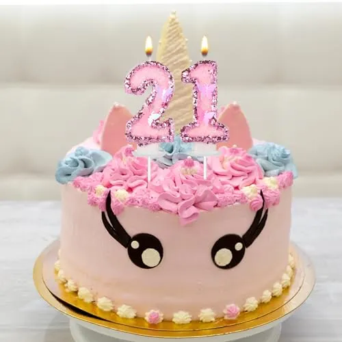 Birthday Number 21 Candles, 2.95in Glitter Butterfly Happy Birthday Cake Toppers Pink Sequins Wedding Numeral Cupcake Decorations for Anniversary Celebration Party Supplies (21th)