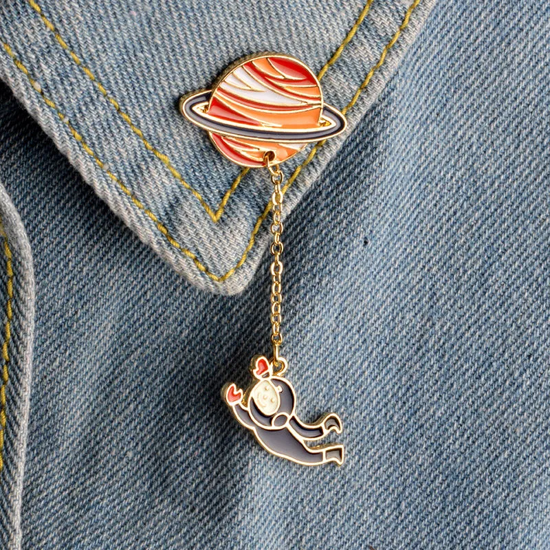 Cartoon Saturn Planet Astronaut Sailing Rabbit Metal Brooch Pins Chain Button Pin Denim Jacket Pin Badge Gift Jewelry