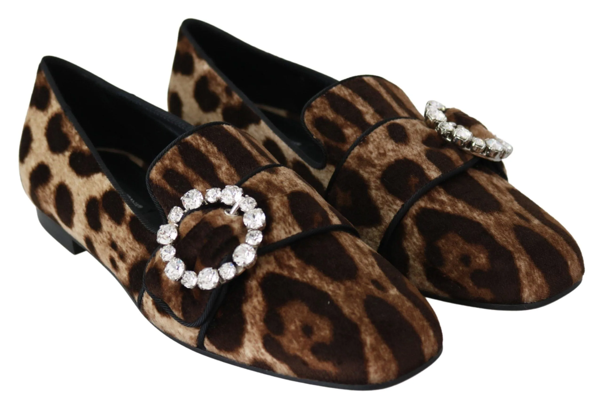 Dolce & Gabbana Brown Leopard Print Crystals Loafers Flats Shoes