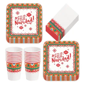 Feliz Navidad Party Paper Dinner Plates, Napkins, and Cups (Serves 16)