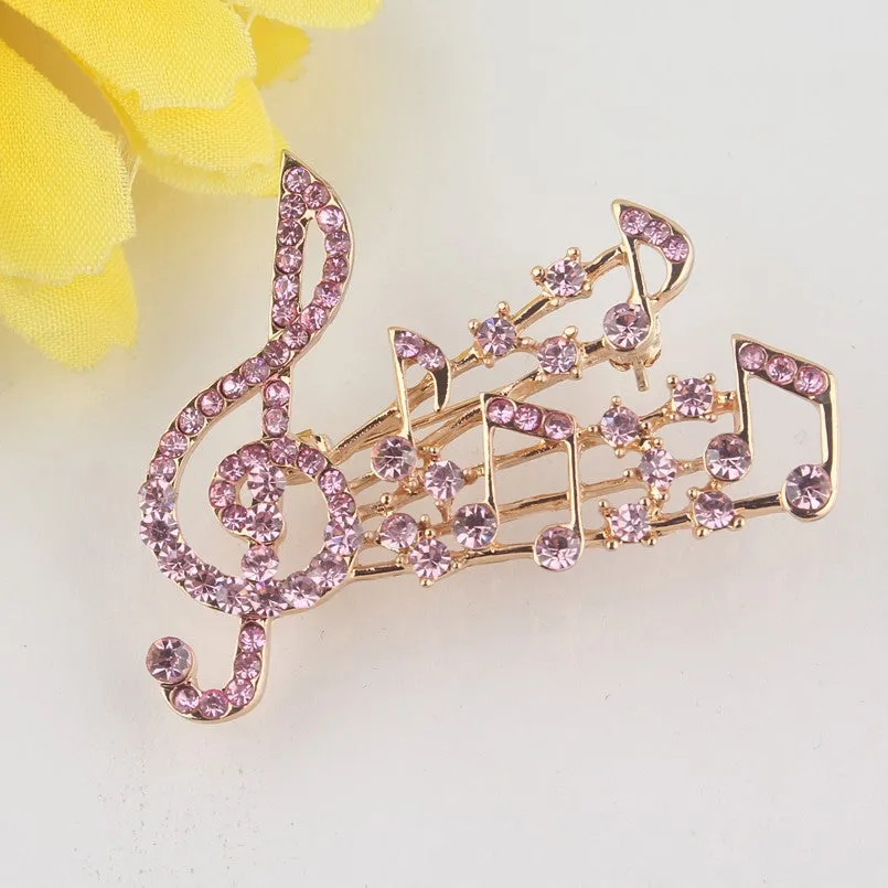 Free shipping Trendy Women's  Gold Color Musical Note Charm Pink Austrian Crystal Brooch Pin Gift Jewelry