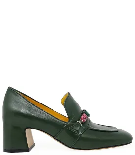 Green Leather Mid Heel Jeweled Loafer