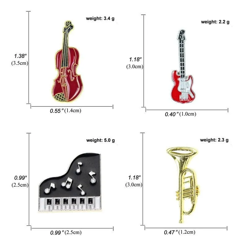 Musical Instrument Pins/Brooches - Piano, Violin, Electric Guitar and Trumpet