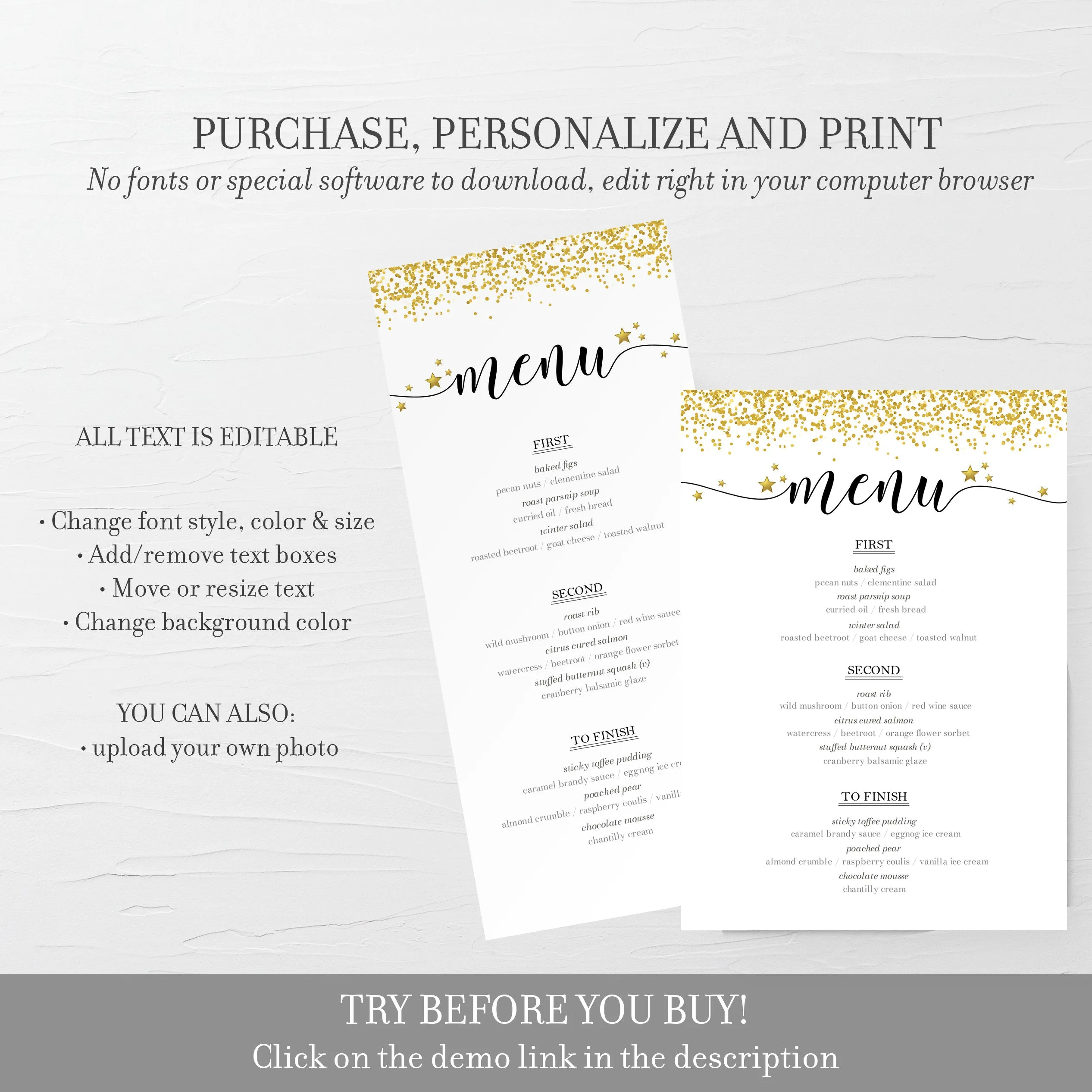 New Years Eve Menu Template, Printable New Years Eve Table Decor, Editable INSTANT DOWNLOAD - NY100