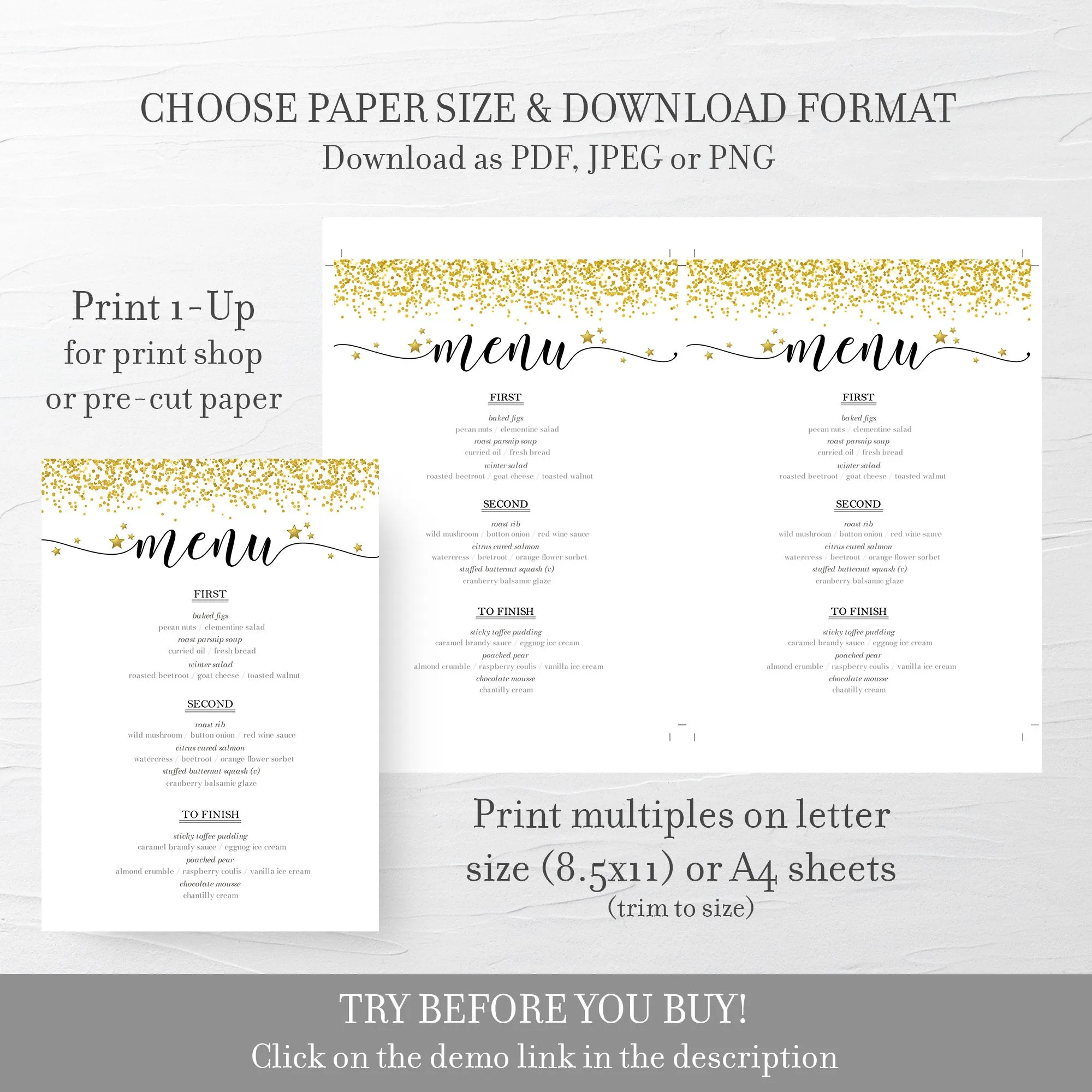 New Years Eve Menu Template, Printable New Years Eve Table Decor, Editable INSTANT DOWNLOAD - NY100