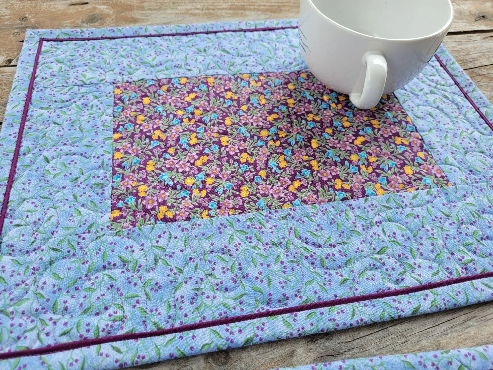 Quilted Summer Placemats, Four Blue Floral Table Mats