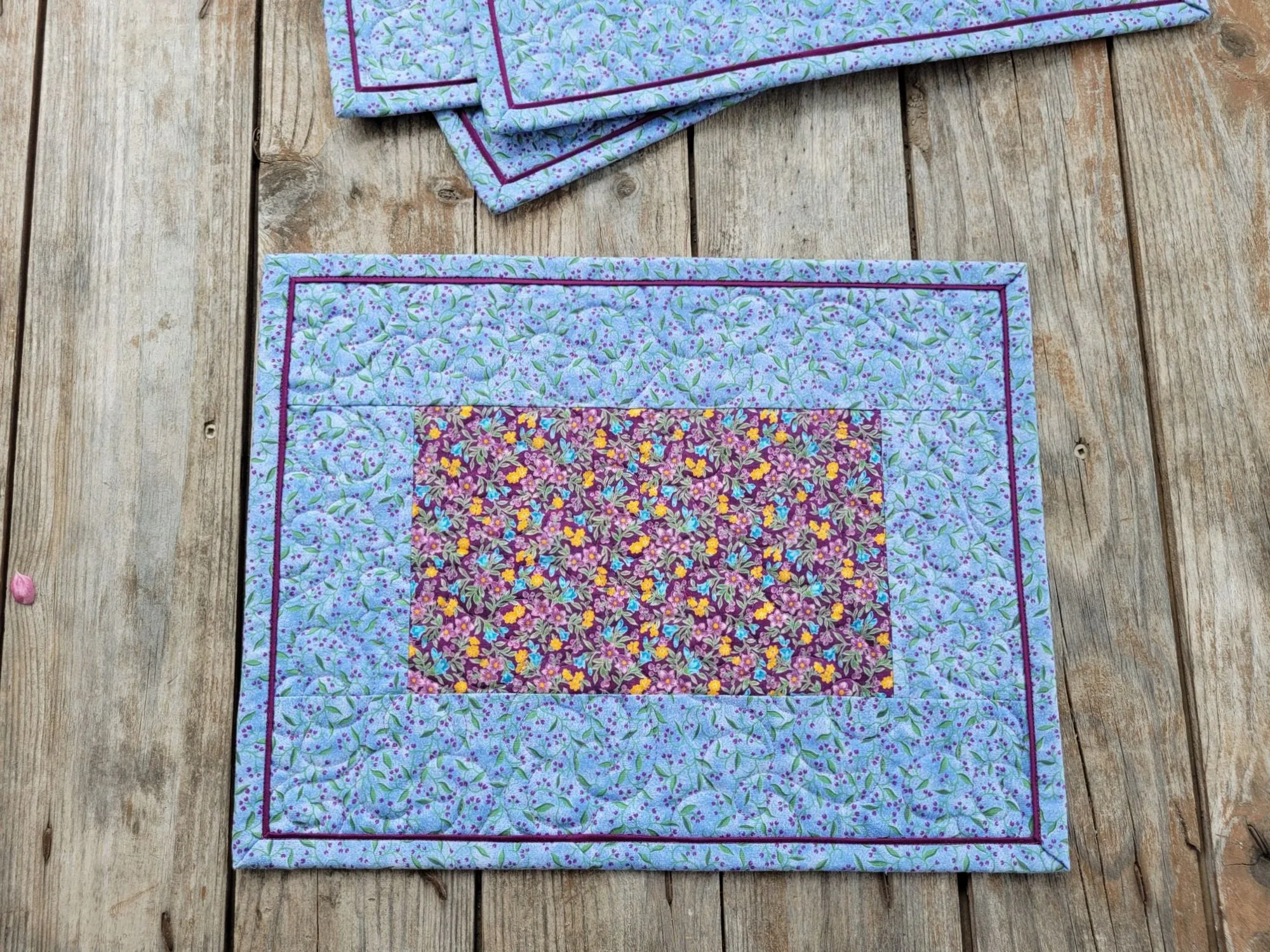 Quilted Summer Placemats, Four Blue Floral Table Mats