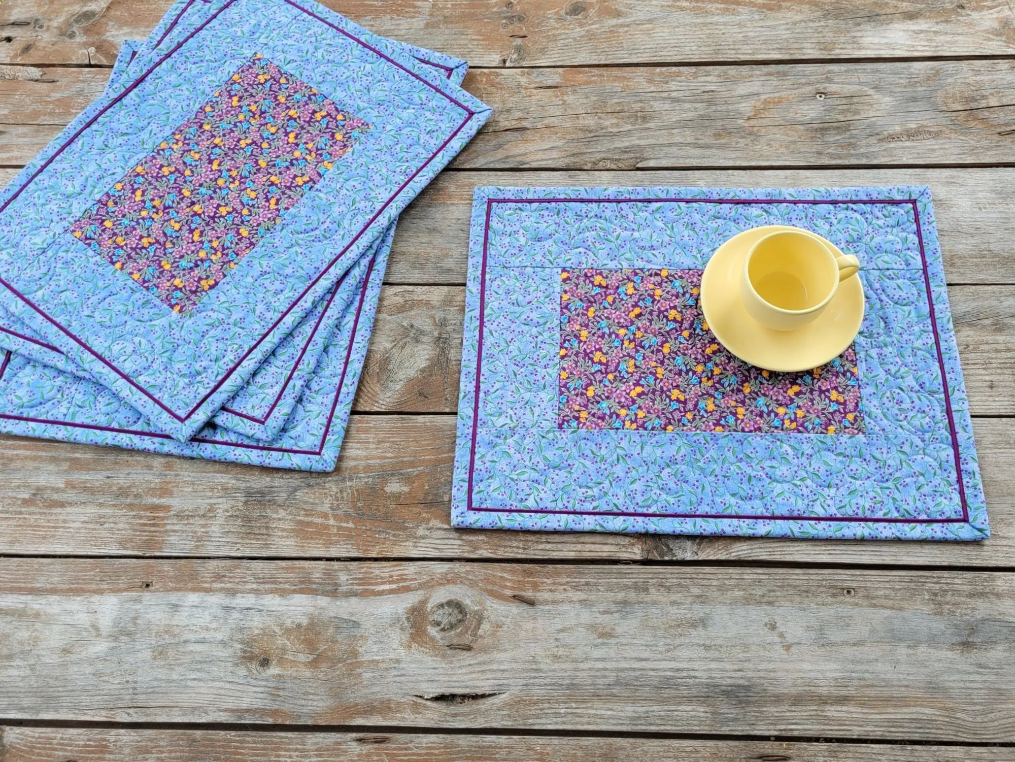 Quilted Summer Placemats, Four Blue Floral Table Mats