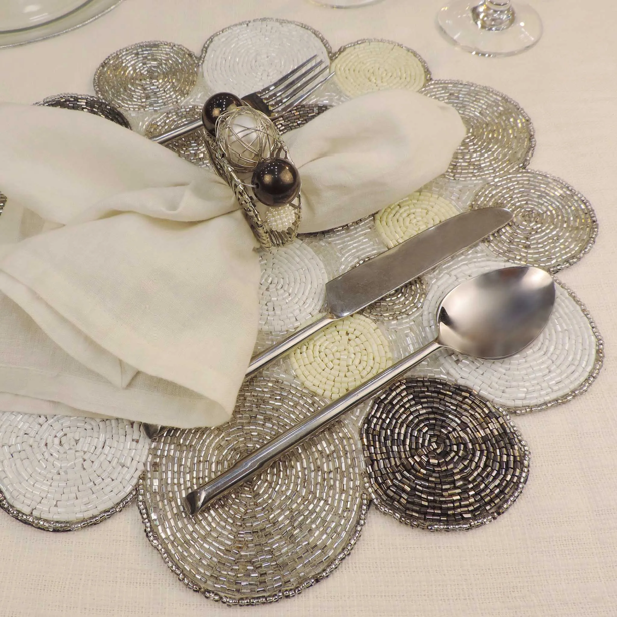 Smokey Dot Glass Beaded Placemat in Silver & White, Set of 2