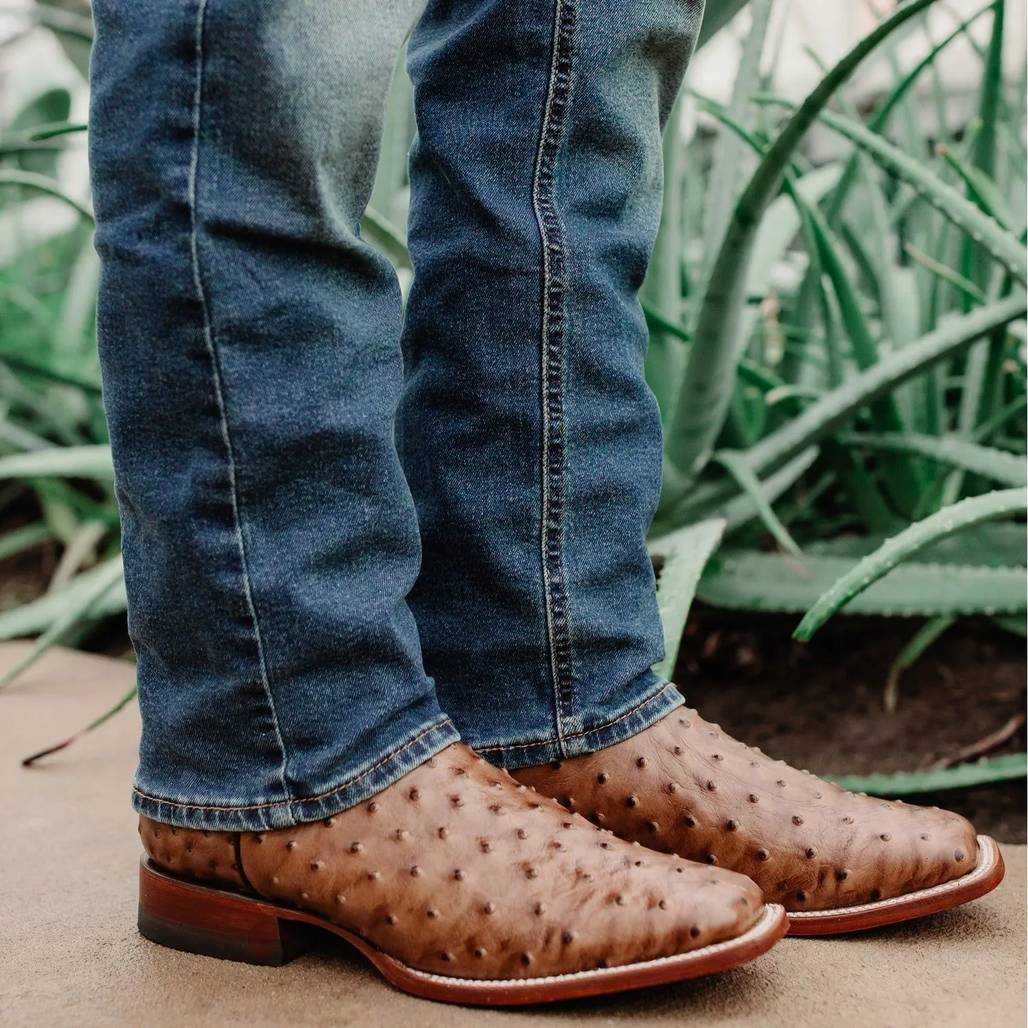 Soto Boots Men's Ostrich Print Square Toe Cowboy Boots H8001-Tan